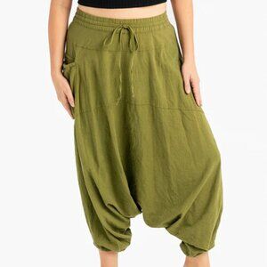 Buddha Pants Womens Elastic Waist Drawcord Boho Hippie O.G Harem Pants Green